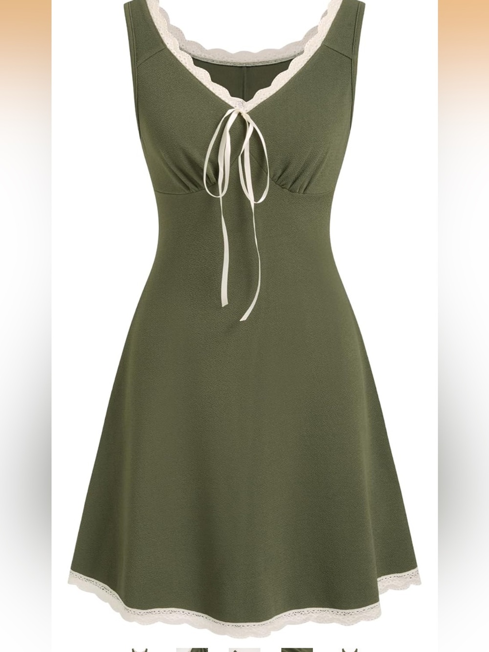 Cider Olive Green Tank Dress with Cream Lace Trim - Picture 1 of 7